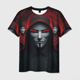 Мужская футболка 3D с принтом Анонимусы в красном свете в Тюмени, 100% полиэфир | прямой крой, круглый вырез горловины, длина до линии бедер | 