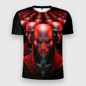 Мужская футболка 3D Slim с принтом Отряд красных анонимусов в Екатеринбурге, 100% полиэстер с улучшенными характеристиками | приталенный силуэт, круглая горловина, широкие плечи, сужается к линии бедра | 