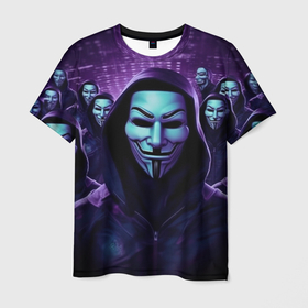 Мужская футболка 3D с принтом Отряд анонимусов в фиолетовом свете , 100% полиэфир | прямой крой, круглый вырез горловины, длина до линии бедер | 