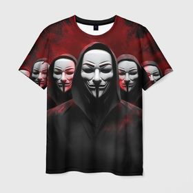 Мужская футболка 3D с принтом Компания анонимусов в Тюмени, 100% полиэфир | прямой крой, круглый вырез горловины, длина до линии бедер | 