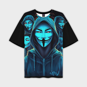 Мужская футболка oversize 3D с принтом Анонимусы в синем свете в Петрозаводске,  |  | 