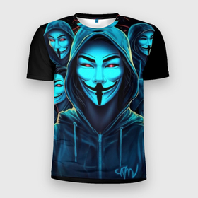 Мужская футболка 3D Slim с принтом Анонимусы в синем свете в Екатеринбурге, 100% полиэстер с улучшенными характеристиками | приталенный силуэт, круглая горловина, широкие плечи, сужается к линии бедра | 