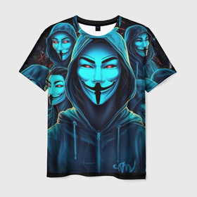 Мужская футболка 3D с принтом Анонимусы в синем свете , 100% полиэфир | прямой крой, круглый вырез горловины, длина до линии бедер | 