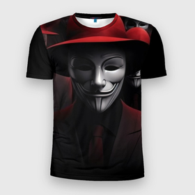 Мужская футболка 3D Slim с принтом Анонимусы в шляпах в Екатеринбурге, 100% полиэстер с улучшенными характеристиками | приталенный силуэт, круглая горловина, широкие плечи, сужается к линии бедра | 