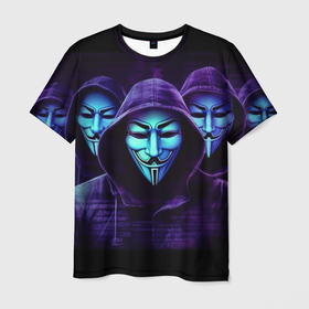 Мужская футболка 3D с принтом Анонимусы в фиолетовом  свете , 100% полиэфир | прямой крой, круглый вырез горловины, длина до линии бедер | 