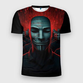 Мужская футболка 3D Slim с принтом Анонимусы роботы в Екатеринбурге, 100% полиэстер с улучшенными характеристиками | приталенный силуэт, круглая горловина, широкие плечи, сужается к линии бедра | 