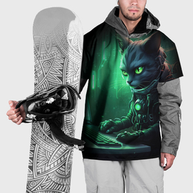 Накидка на куртку 3D с принтом Кот хакер в зеленом свете в Курске, 100% полиэстер |  | 