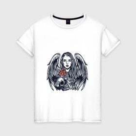 Женская футболка хлопок с принтом Татуировка ангел, череп и роза в Санкт-Петербурге, 100% хлопок | прямой крой, круглый вырез горловины, длина до линии бедер, слегка спущенное плечо | 