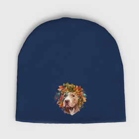 Мужская шапка демисезонная с принтом Питбуль бело рыжий с венком из осенних листьев в Кировске,  |  | Тематика изображения на принте: 