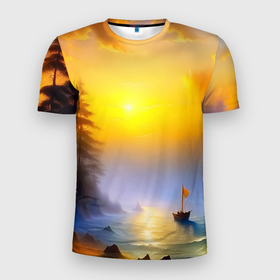Мужская футболка 3D Slim с принтом Рассвет на море в Курске, 100% полиэстер с улучшенными характеристиками | приталенный силуэт, круглая горловина, широкие плечи, сужается к линии бедра | 