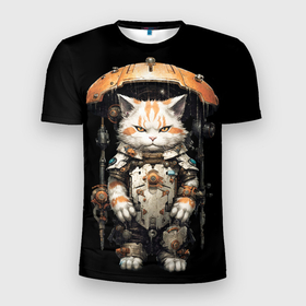 Мужская футболка 3D Slim с принтом Механический кот с железным зонтом в Петрозаводске, 100% полиэстер с улучшенными характеристиками | приталенный силуэт, круглая горловина, широкие плечи, сужается к линии бедра | 