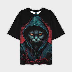 Мужская футболка oversize 3D с принтом Кот в капюшоне хакер в Тюмени,  |  | 