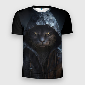 Мужская футболка 3D Slim с принтом Хакер кот в капюшоне в Тюмени, 100% полиэстер с улучшенными характеристиками | приталенный силуэт, круглая горловина, широкие плечи, сужается к линии бедра | 