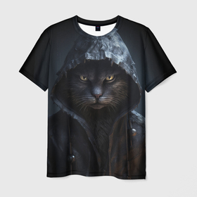 Мужская футболка 3D с принтом Хакер кот в капюшоне в Курске, 100% полиэфир | прямой крой, круглый вырез горловины, длина до линии бедер | Тематика изображения на принте: 