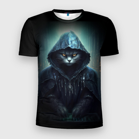 Мужская футболка 3D Slim с принтом Кот  в капюшоне  хакер в Курске, 100% полиэстер с улучшенными характеристиками | приталенный силуэт, круглая горловина, широкие плечи, сужается к линии бедра | Тематика изображения на принте: 
