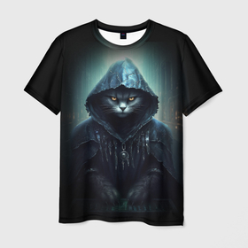 Мужская футболка 3D с принтом Кот  в капюшоне  хакер в Тюмени, 100% полиэфир | прямой крой, круглый вырез горловины, длина до линии бедер | 