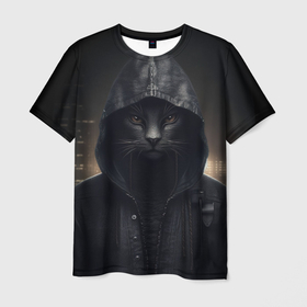 Мужская футболка 3D с принтом Черный кот хакер в Санкт-Петербурге, 100% полиэфир | прямой крой, круглый вырез горловины, длина до линии бедер | Тематика изображения на принте: 