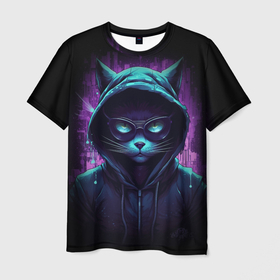Мужская футболка 3D с принтом Cat hacker в Санкт-Петербурге, 100% полиэфир | прямой крой, круглый вырез горловины, длина до линии бедер | 
