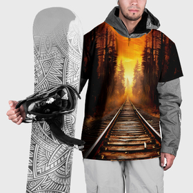 Накидка на куртку 3D с принтом Железная дорога на закате в Тюмени, 100% полиэстер |  | 