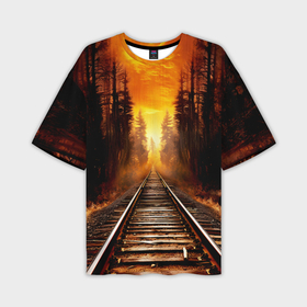 Мужская футболка oversize 3D с принтом Железная дорога на закате в Белгороде,  |  | Тематика изображения на принте: 