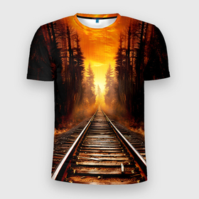 Мужская футболка 3D Slim с принтом Железная дорога на закате в Курске, 100% полиэстер с улучшенными характеристиками | приталенный силуэт, круглая горловина, широкие плечи, сужается к линии бедра | 