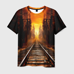 Мужская футболка 3D с принтом Железная дорога на закате в Новосибирске, 100% полиэфир | прямой крой, круглый вырез горловины, длина до линии бедер | 