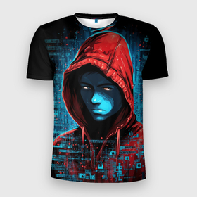Мужская футболка 3D Slim с принтом Хакер в красном костюме в Белгороде, 100% полиэстер с улучшенными характеристиками | приталенный силуэт, круглая горловина, широкие плечи, сужается к линии бедра | Тематика изображения на принте: 