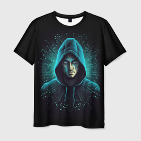 Мужская футболка 3D с принтом Хакер  в капюшоне в Курске, 100% полиэфир | прямой крой, круглый вырез горловины, длина до линии бедер | 
