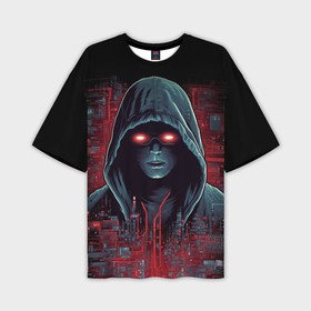 Мужская футболка oversize 3D с принтом Хакер с красными глазами в Кировске,  |  | 