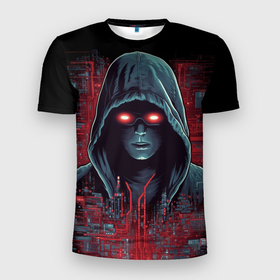 Мужская футболка 3D Slim с принтом Хакер с красными глазами в Кировске, 100% полиэстер с улучшенными характеристиками | приталенный силуэт, круглая горловина, широкие плечи, сужается к линии бедра | 