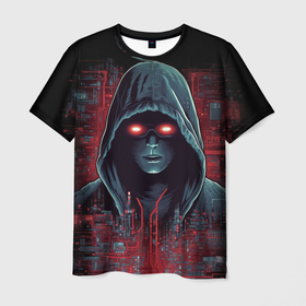 Мужская футболка 3D с принтом Хакер с красными глазами в Кировске, 100% полиэфир | прямой крой, круглый вырез горловины, длина до линии бедер | 