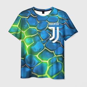 Мужская футболка 3D с принтом Juventus blue green neon в Кировске, 100% полиэфир | прямой крой, круглый вырез горловины, длина до линии бедер | Тематика изображения на принте: 