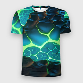 Мужская футболка 3D Slim с принтом Разлом синих и зеленых неоновых плит в Санкт-Петербурге, 100% полиэстер с улучшенными характеристиками | приталенный силуэт, круглая горловина, широкие плечи, сужается к линии бедра | 