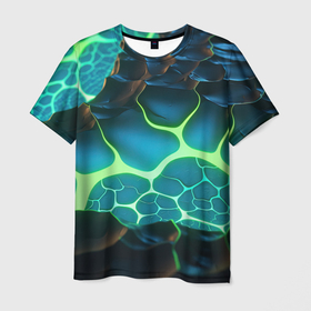 Мужская футболка 3D с принтом Разлом синих и зеленых неоновых плит в Кировске, 100% полиэфир | прямой крой, круглый вырез горловины, длина до линии бедер | Тематика изображения на принте: 