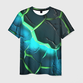 Мужская футболка 3D с принтом Зеленое неоновое свечение из зеленых плит в Кировске, 100% полиэфир | прямой крой, круглый вырез горловины, длина до линии бедер | 