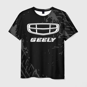 Мужская футболка 3D с принтом Geely speed на темном фоне со следами шин , 100% полиэфир | прямой крой, круглый вырез горловины, длина до линии бедер | 