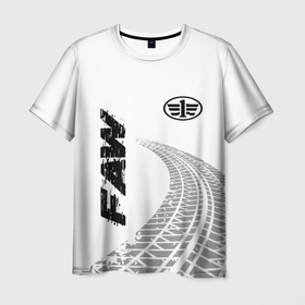 Мужская футболка 3D с принтом FAW speed на светлом фоне со следами шин: надпись, символ в Тюмени, 100% полиэфир | прямой крой, круглый вырез горловины, длина до линии бедер | 