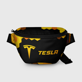 Поясная сумка 3D с принтом Tesla   gold gradient: надпись и символ в Рязани, 100% полиэстер | плотная ткань, ремень с регулируемой длиной, внутри несколько карманов для мелочей, основное отделение и карман с обратной стороны сумки застегиваются на молнию | 