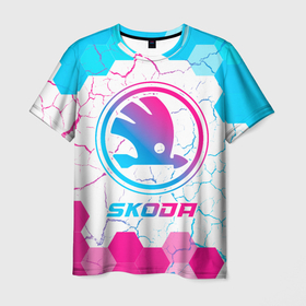 Мужская футболка 3D с принтом Skoda neon gradient style , 100% полиэфир | прямой крой, круглый вырез горловины, длина до линии бедер | 
