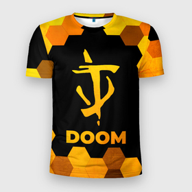 Мужская футболка 3D Slim с принтом Doom   gold gradient в Курске, 100% полиэстер с улучшенными характеристиками | приталенный силуэт, круглая горловина, широкие плечи, сужается к линии бедра | 