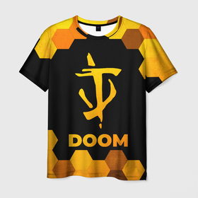 Мужская футболка 3D с принтом Doom   gold gradient в Курске, 100% полиэфир | прямой крой, круглый вырез горловины, длина до линии бедер | Тематика изображения на принте: 