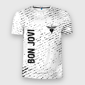 Мужская футболка 3D Slim с принтом Bon Jovi glitch на светлом фоне: надпись, символ в Екатеринбурге, 100% полиэстер с улучшенными характеристиками | приталенный силуэт, круглая горловина, широкие плечи, сужается к линии бедра | 