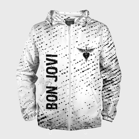 Мужская ветровка 3D с принтом Bon Jovi glitch на светлом фоне: надпись, символ в Санкт-Петербурге, 100% полиэстер | подол и капюшон оформлены резинкой с фиксаторами, два кармана без застежек по бокам, один потайной карман на груди | 