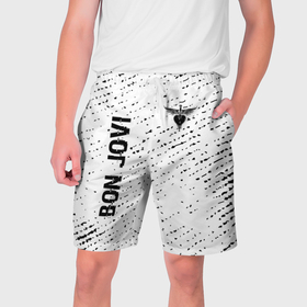 Мужские шорты 3D с принтом Bon Jovi glitch на светлом фоне: надпись, символ в Кировске,  полиэстер 100% | прямой крой, два кармана без застежек по бокам. Мягкая трикотажная резинка на поясе, внутри которой широкие завязки. Длина чуть выше колен | 