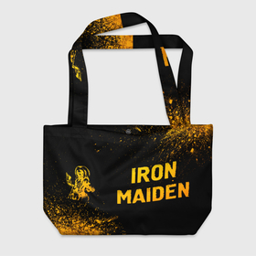 Пляжная сумка 3D с принтом Iron Maiden   gold gradient: надпись и символ в Кировске, 100% полиэстер | застегивается на металлическую кнопку; внутренний карман застегивается на молнию. Стенки укреплены специальным мягким материалом, чтобы защитить содержимое от несильных ударов
 | 
