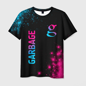 Мужская футболка 3D с принтом Garbage   neon gradient: надпись, символ , 100% полиэфир | прямой крой, круглый вырез горловины, длина до линии бедер | 