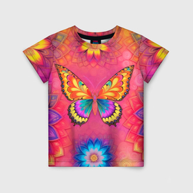 Детская футболка 3D с принтом Яркая бабочка в цветах в Санкт-Петербурге, 100% гипоаллергенный полиэфир | прямой крой, круглый вырез горловины, длина до линии бедер, чуть спущенное плечо, ткань немного тянется | Тематика изображения на принте: 