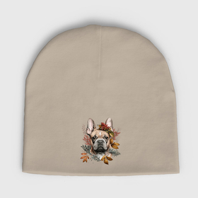 Мужская шапка демисезонная с принтом Французский бульдог с венком из осенних листьев в Санкт-Петербурге,  |  | Тематика изображения на принте: 