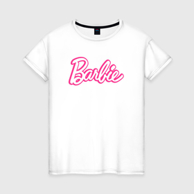 Женская футболка хлопок с принтом Барби Фильм Логотип в Курске, 100% хлопок | прямой крой, круглый вырез горловины, длина до линии бедер, слегка спущенное плечо | 
