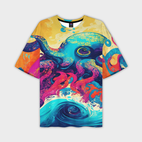 Мужская футболка oversize 3D с принтом Разноцветный осьминог на волнах красок в Белгороде,  |  | 